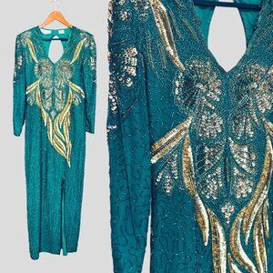 Night Vogue vintage Y2K Dress Gown 8 Green Silk Owl Art Sequined Full Length